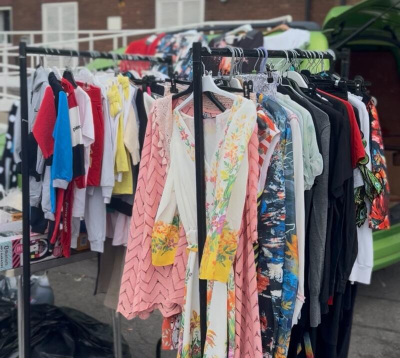 Car boot sale at Sedgefield Racecourse, clothes