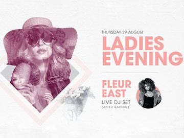 Promotional banner for Ladies Evening at Sedgefield Racecourse featuring Fleur East.