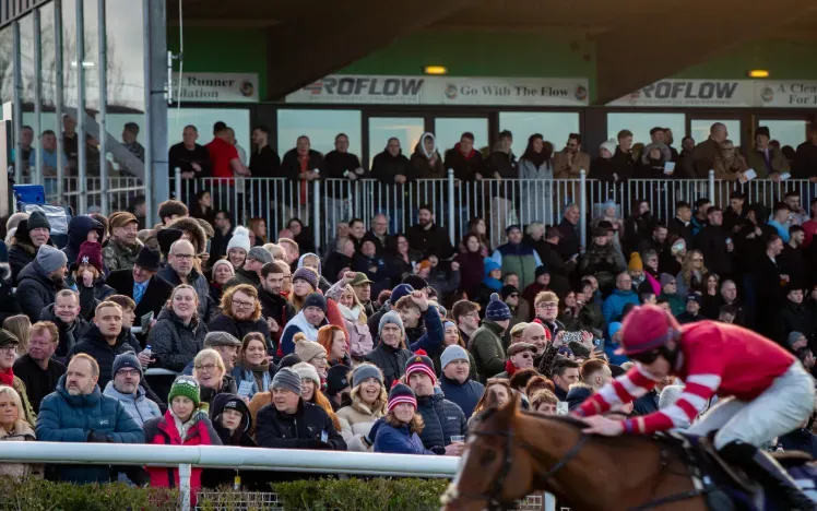 The crowd at Sedgefield watching a horse and jockey race by