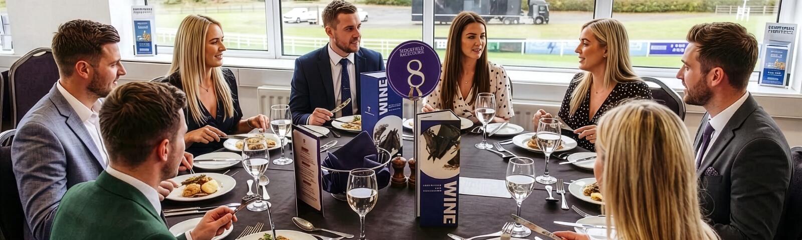 Group of people sitting around a round table, talking and enjoying food.