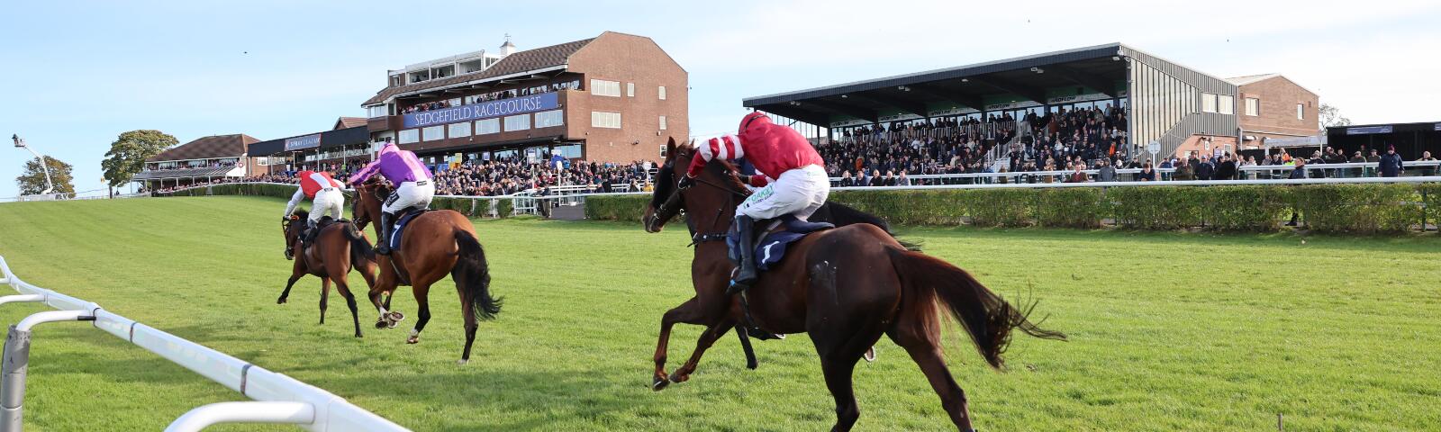 The Sedgefield grandstand with horses running to the finish line